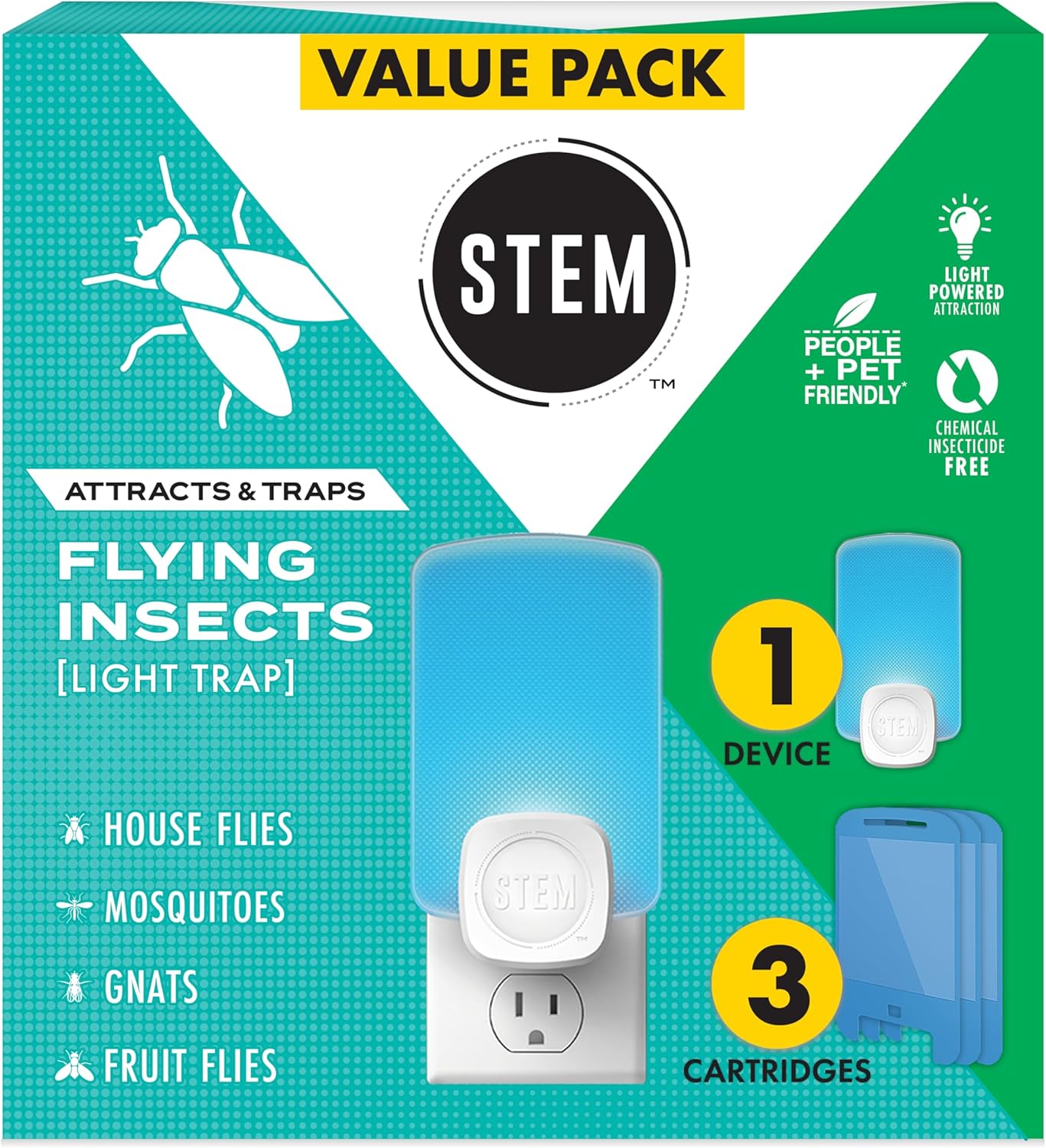 STEM Flying Insect Trap - Indoor Fruit Fly & Gnat Catcher for Home, Kitchen & Any Room, Attracts & Traps Bugs, Soft Blue UV Light - Includes 1 Plug-in Device & 1 Cartridge