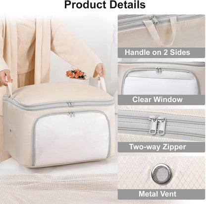 Comforter Storage Bag - Large Capacity Blanket Storage Bags Front-opening Ultra Space Saving Self Compression Organizer, Washable Compression Bags for Storage Comforter Blanket, 1 Pack, Beige
