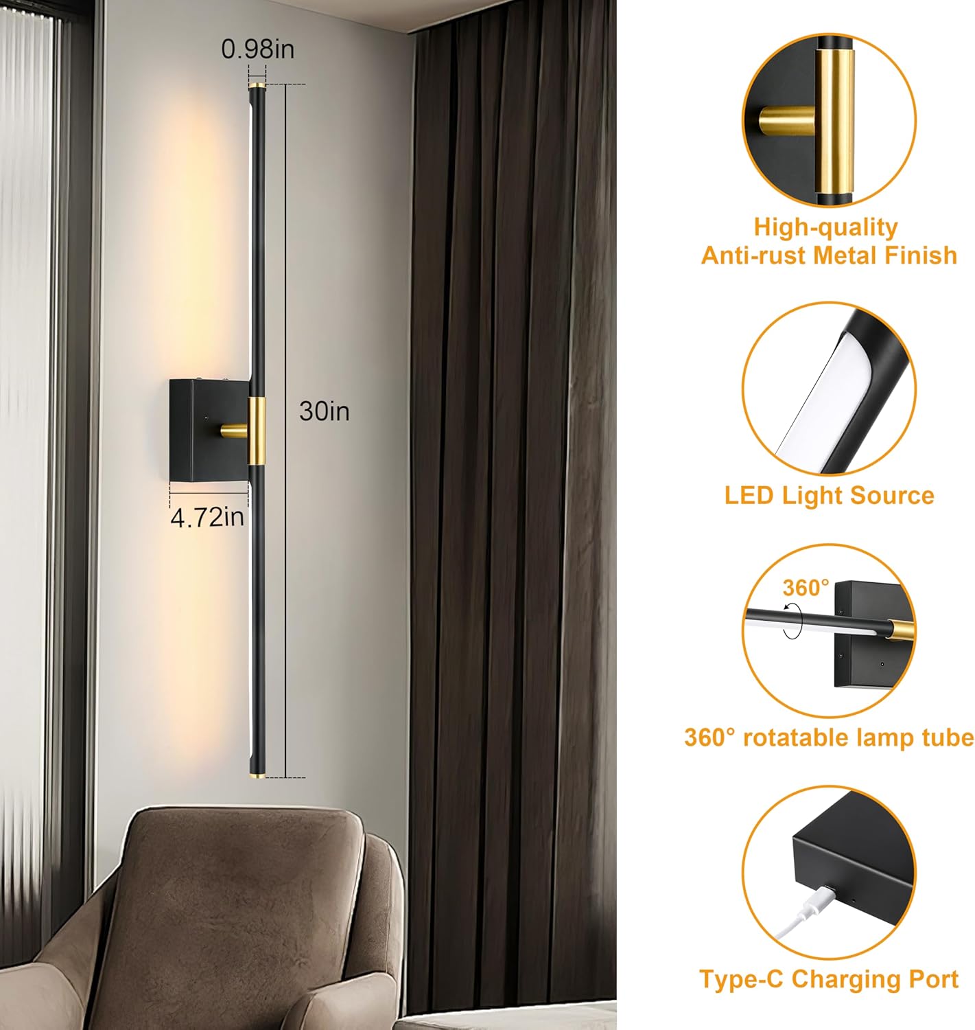 Morauroral Battery Operated Wall Sconces Set of 2, 10000mAh Rechargeable Sconces, 3000K-6000K Dimmable LED Wall Lamp with Remote, 24 Inch Black Gold Wireless Wall Lights for Bedroom, Living Room