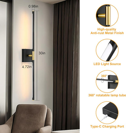 Morauroral Battery Operated Wall Sconces Set of 2, 10000mAh Rechargeable Sconces, 3000K-6000K Dimmable LED Wall Lamp with Remote, 24 Inch Black Gold Wireless Wall Lights for Bedroom, Living Room