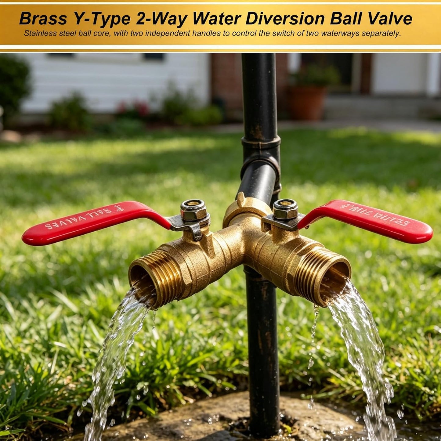 3/4 Inch Brass Y Garden Hose Splitter, 2-Way Outdoor Water Tap Ball Valve Connector with Individual Shut-Off Long Handles, Heavy-Duty Brass Spigot Diverter for Lawn Irrigation, Car Washing