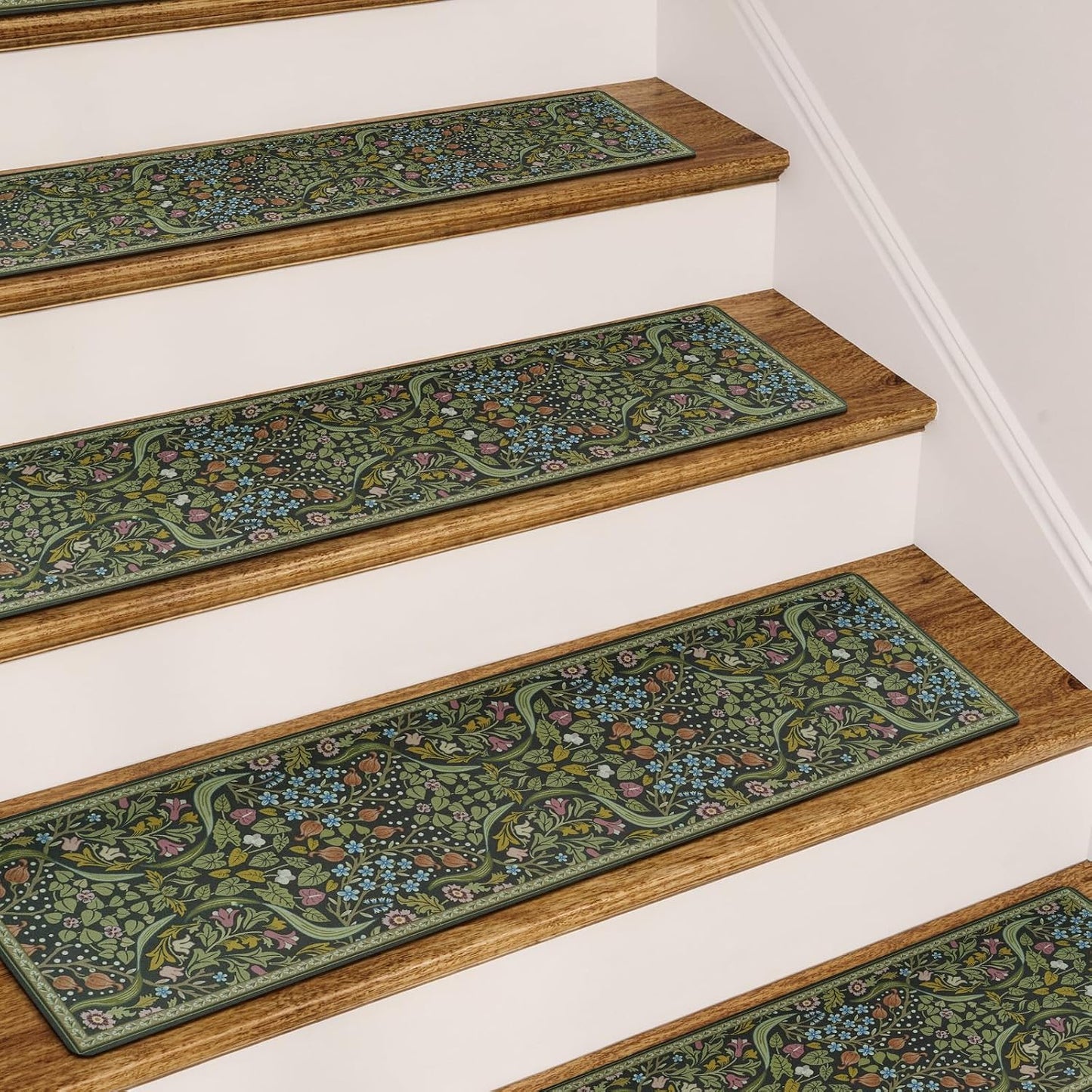 OJIA Floral Stair Treads Non-Slip Stair Runner for Wooden Steps Indoor 15PCS 30"x8" Carpet Stair Treads Stair Mats Staircase Step Treads for Kids, Elders and Dogs, Stair Covers, Black