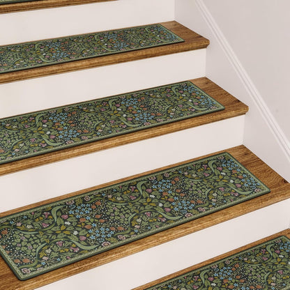 OJIA Floral Stair Treads Non-Slip Stair Runner for Wooden Steps Indoor 15PCS 30"x8" Carpet Stair Treads Stair Mats Staircase Step Treads for Kids, Elders and Dogs, Stair Covers, Black