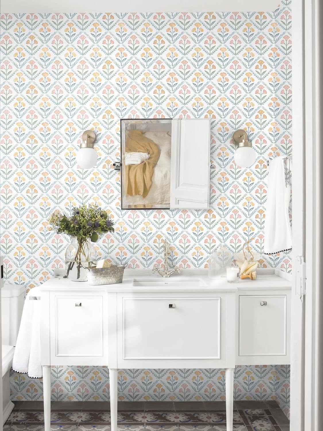 Dimoon 17.3''x78.7'' Peel and Stick Wallpaper Floral Cute Contact Paper Vintage Village Country Cottage Wallpaper Farmhouse Yellow Beige Renter Friendly Geometry Waterproof Embossed Kitchen Bedroom