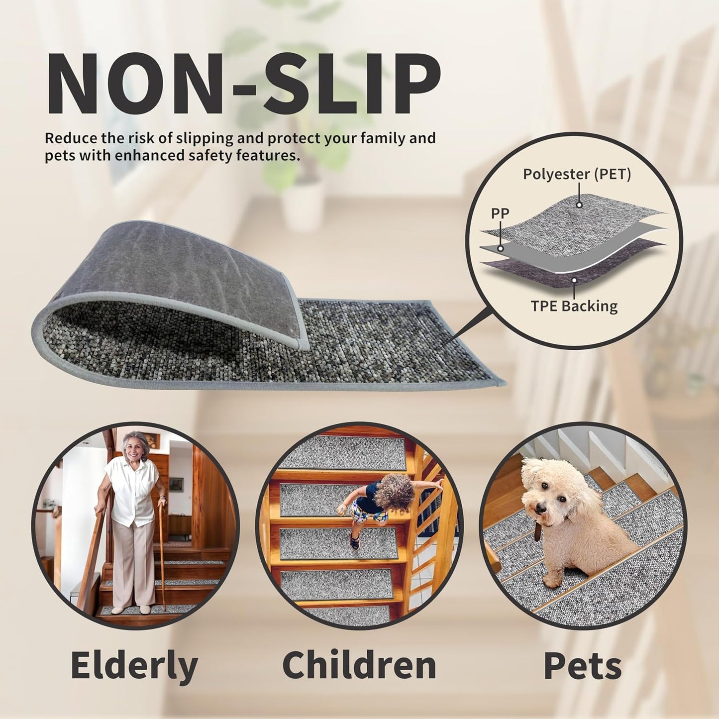 Non-Slip Carpet Stair Treads 15PCS, 8"x30" Peel and Stick Stair Runner for Wooden Steps Indoor, Washable Reusable Adhesive Backing, Pet-Friendly Safety Mats for Kids, Elders, Dogs