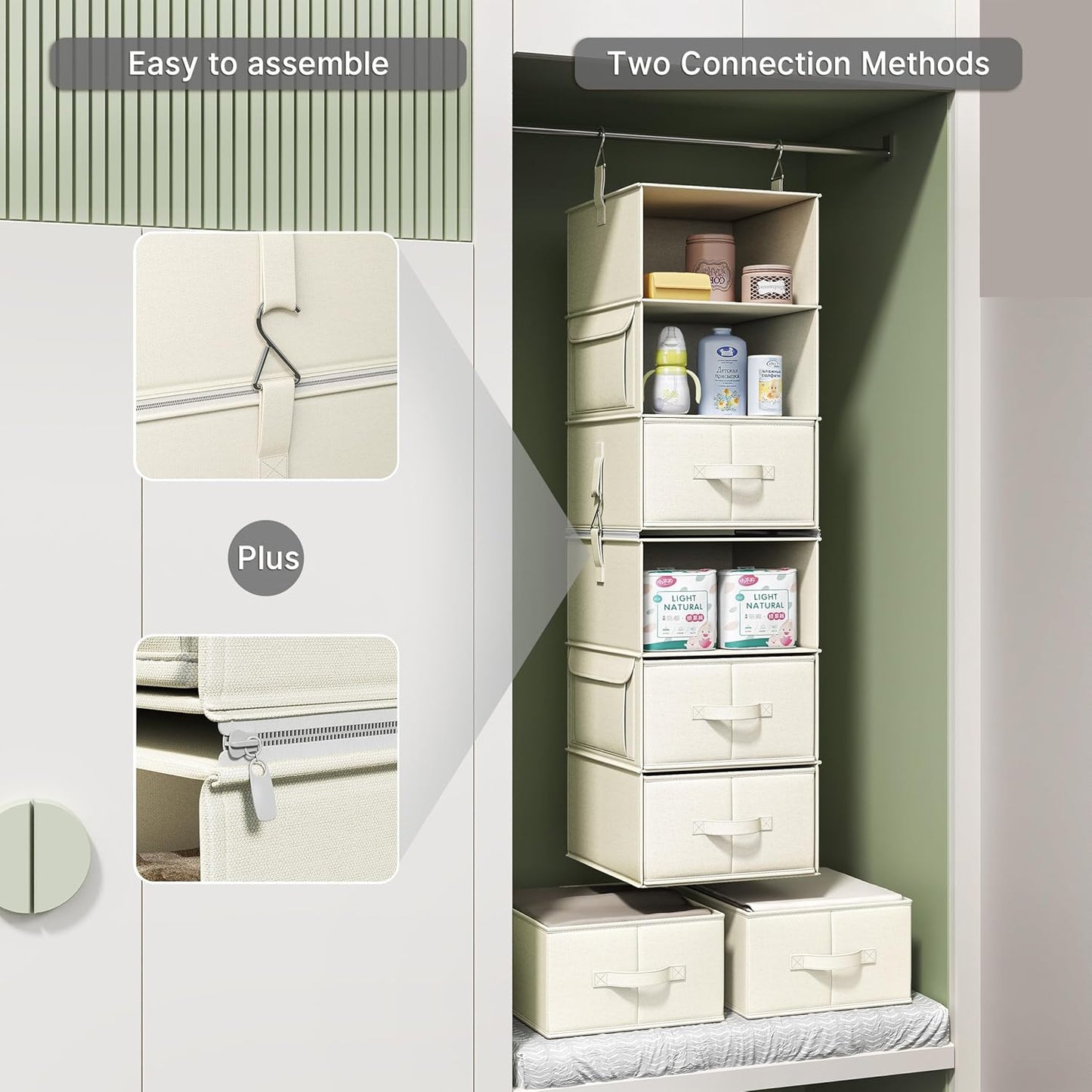 Vailando 6-Shelf Hanging Closet Organizer with 3 Drawers, 2 Separable 3-Shelf Closet Organizers and Storage for Wardrobe Organization, Hanging Dresser for Nursury & Dorm Clothes Organizer