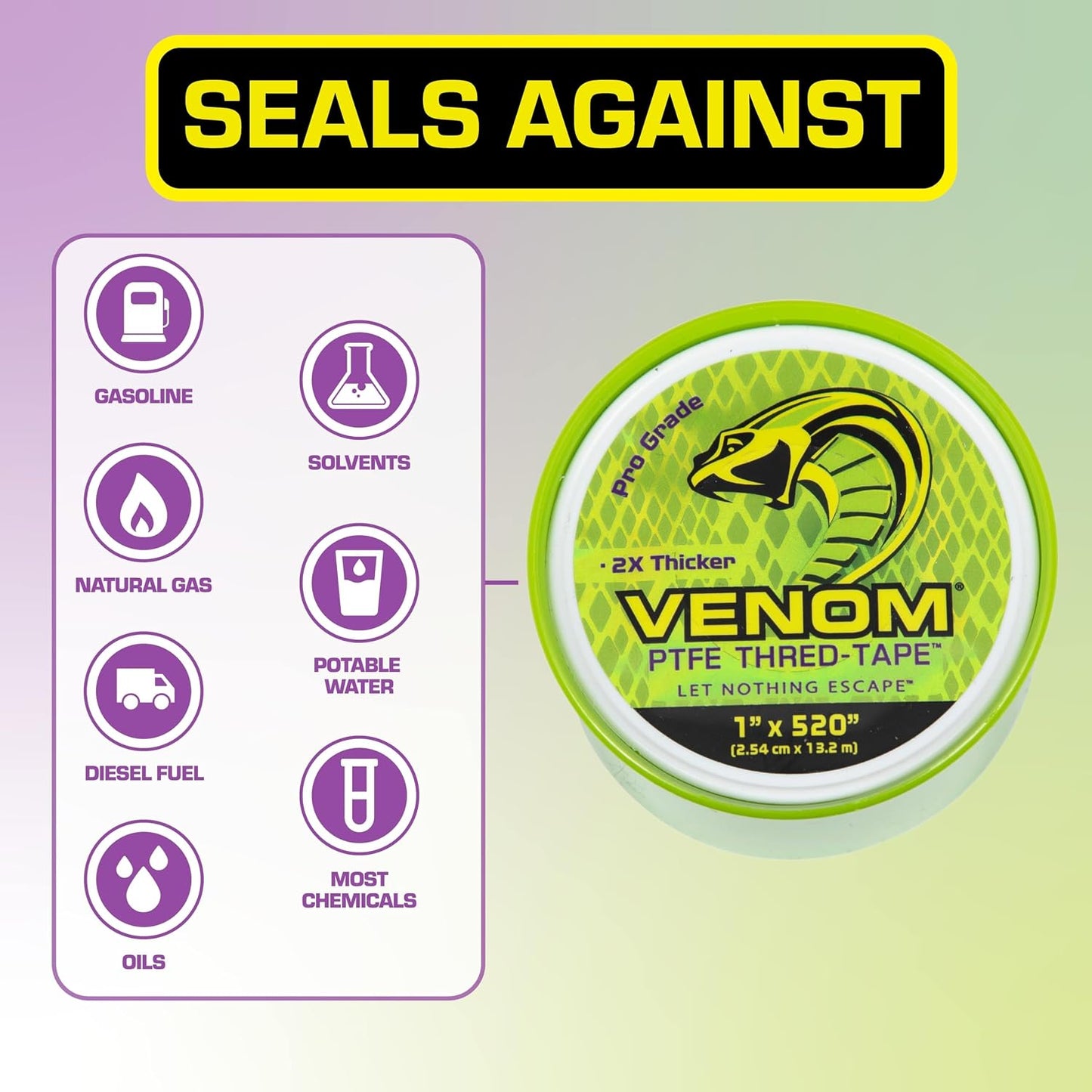 Venom Pro-Grade PTFE Thread Tape, 1/2" x 520" Roll – Professional-Grade, 99.9% Pure, 2X Thicker, No Dyes, UL-Approved for Plumbing, Potable Water, Food Grade, and Oxygen Systems