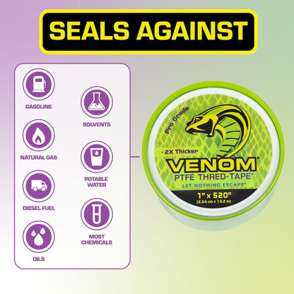 Venom Pro-Grade PTFE Thread Tape, 1/2" x 520" Roll – Professional-Grade, 99.9% Pure, 2X Thicker, No Dyes, UL-Approved for Plumbing, Potable Water, Food Grade, and Oxygen Systems