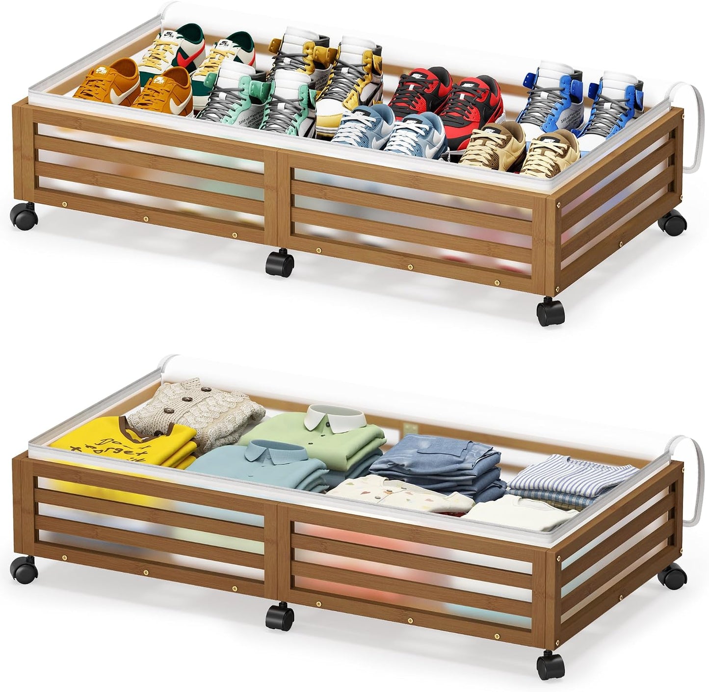 Under Bed Storage with Wheels-Large Bamboo Underbed storage Containers with Large Dust Bag Stackable Under the Bed Shoe Storage Bins for Clothes Books Bedding (2 Packs Nature, 23.62"L×16.54"W× 6.51"H)