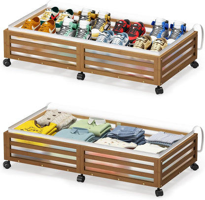 Under Bed Storage with Wheels-Large Bamboo Underbed storage Containers with Large Dust Bag Stackable Under the Bed Shoe Storage Bins for Clothes Books Bedding (2 Packs Nature, 23.62"L×16.54"W× 6.51"H)