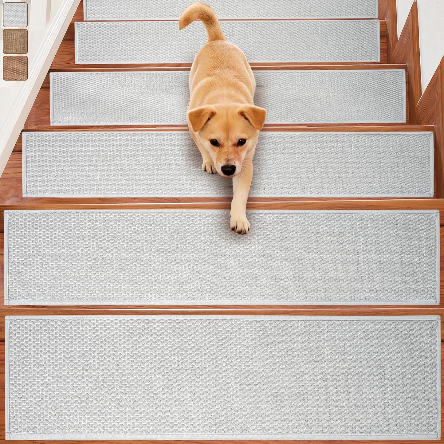 Carpet Stairs Runner for Wood Stairs, 30"x 30",Reusable Washable Self-Stick Stair Treads, for Indoor Steps, Non Slip for Kids Elders and Pets Stair Mats Residue Free, Beige 1-Pack