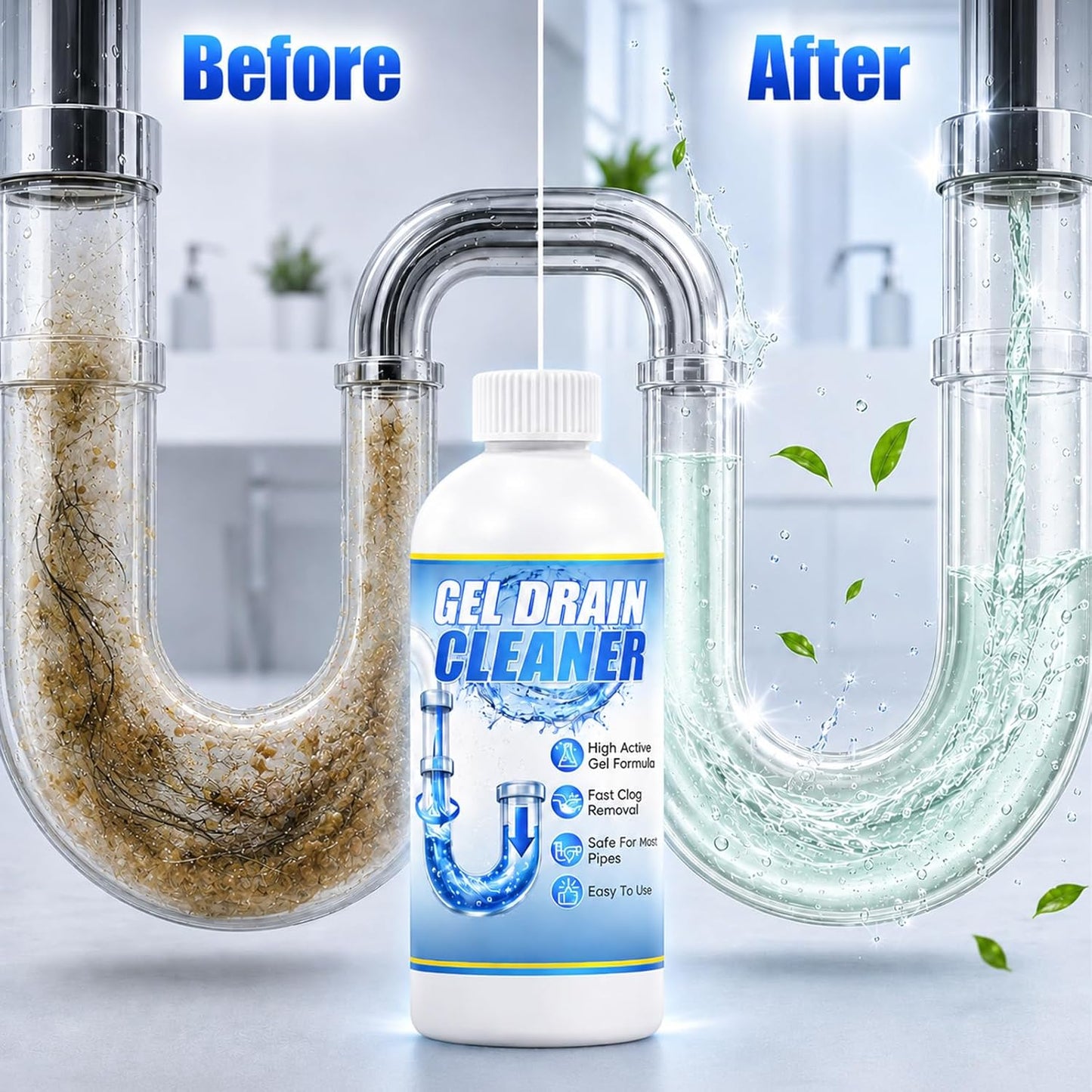 Gel Drain Cleaner Clog Remover: All-Purpose Cleaning Solution for Kitchen, Bathroom & Shower Drains | Prevents Build-Up | Safe for Household Pipes & Septic Systems（2Pcs）