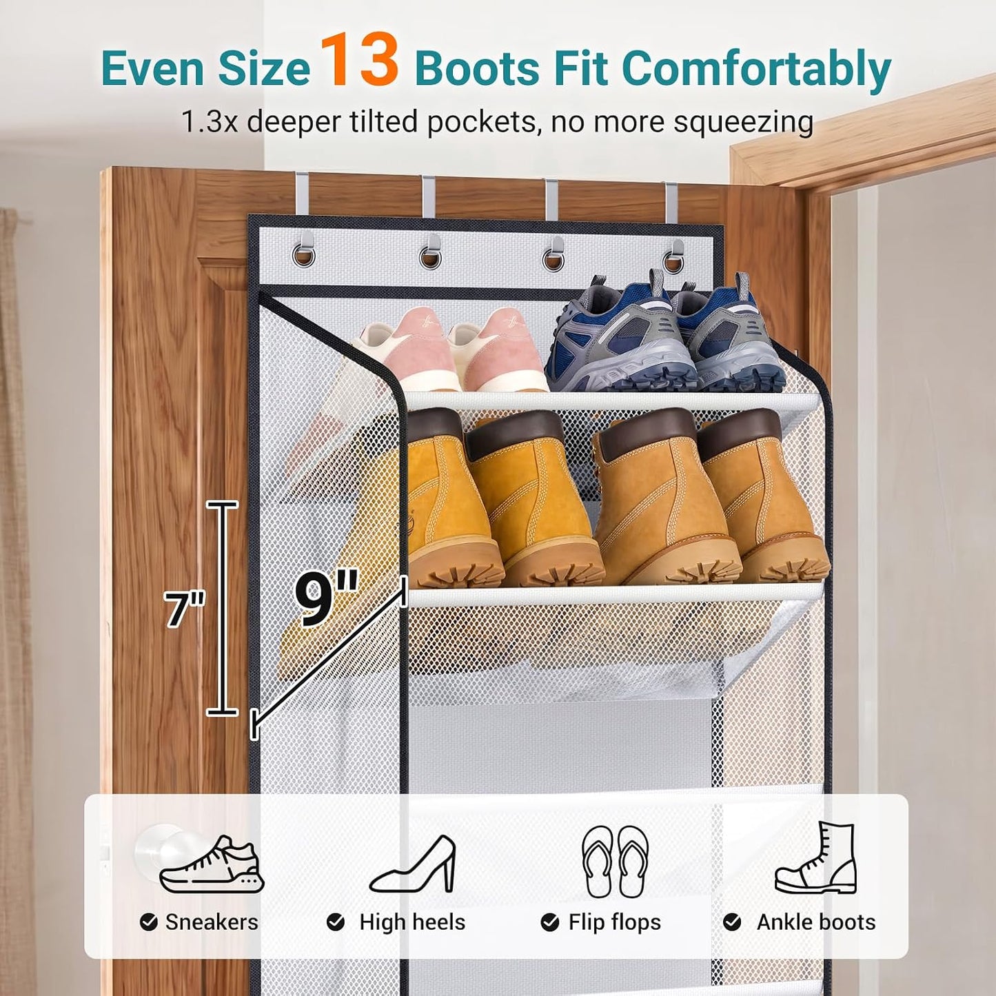 MISSLO Large Pockets Over the Door Shoe Organizer for Closet Hanging Shoe Rack for Door Shoes Storage Fits 24 Pairs Sneakers and Boots, 8 Tiers (White)