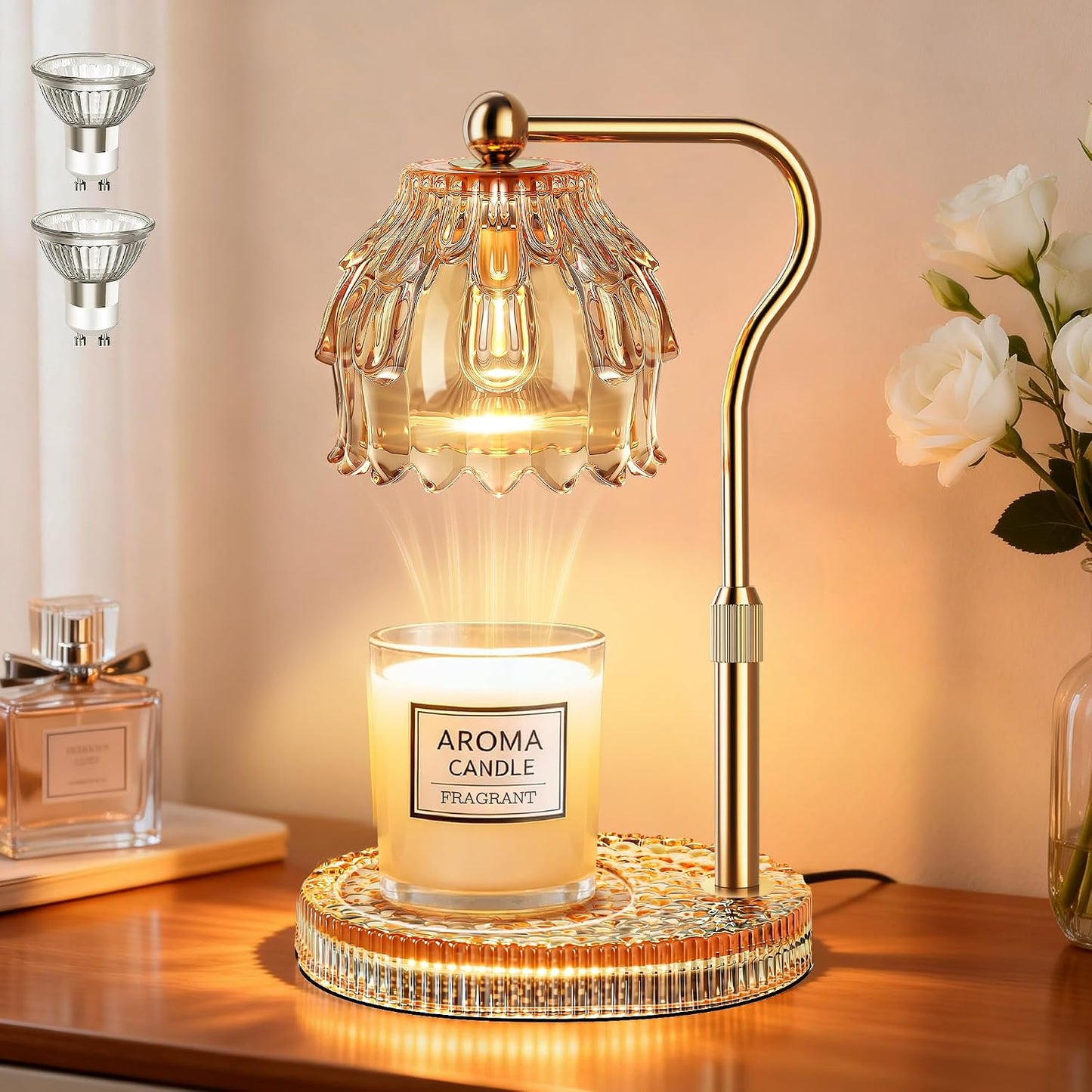 Candle Warmer Lamp with Timer Dimmer, Modern Wax Warmer for Scented Wax Jar Candle Warmer with 2 Bulbs, Adjustable Height Glass Lamp for Gifts for Women, Home Decor, Gold Amber