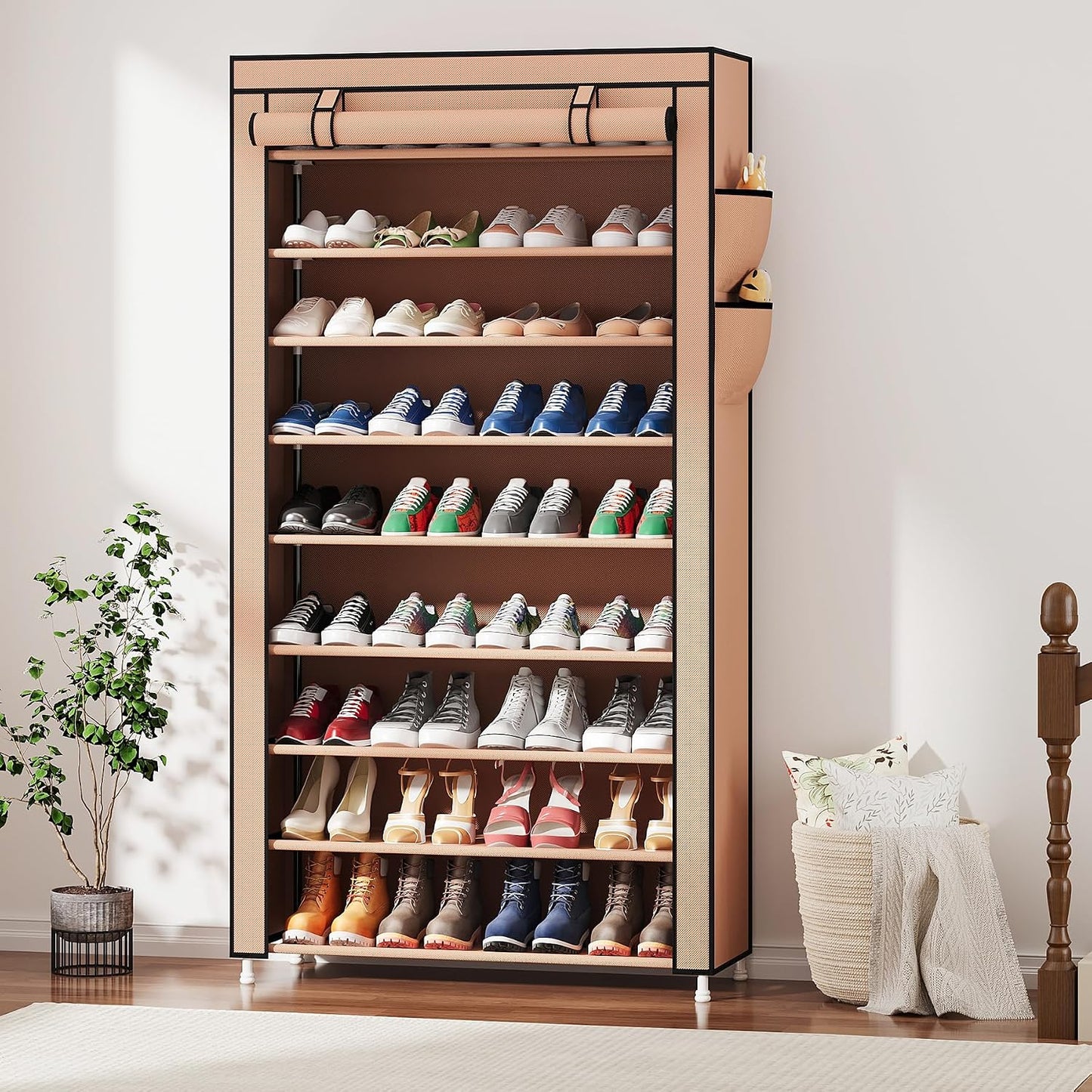 Laiensia 9-Tier Vertical Shoe Rack Organizer, Space Saving Shoe Storage Organizer, Non-Woven Cover Shoe Shelf Holds 36-45 Pairs for Bedroom, Hallway, Closet Entryway, Black