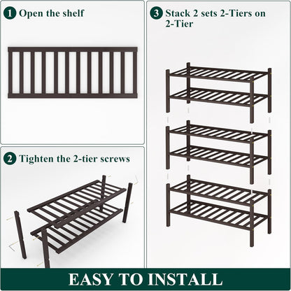 Smiry Bamboo Shoe Rack, 3 Tier Free Standing Wooden Shoe Organizer, Stackable Wood Shoe Storage Shelf for Closet, Entryway, 12 Vertical Slats, 2+1 Stack Standard Legs, 26.8"x11"x19.5", Natural