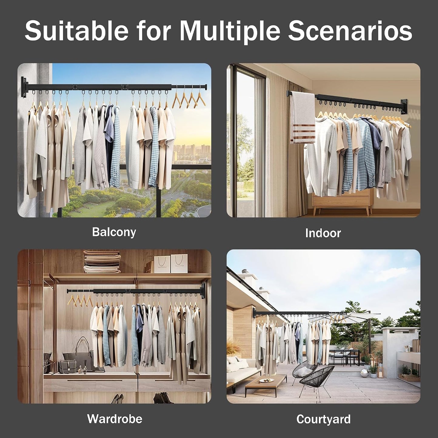 Wall Mounted Tri-Fold Clothes Drying Rack, Heavy Duty Collapsible Laundry Drying Rack, Space-Saving Retractable Foldable Drying Rack Clothes for Laundry Room Balcony Bathroom,Black-Hooks
