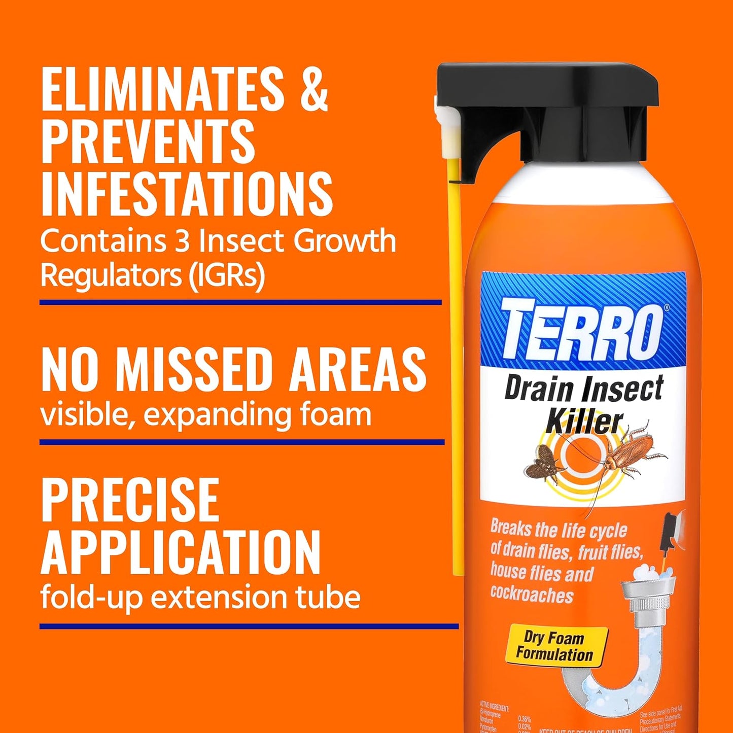 TERRO Drain Insect Killer, 1-Pack, Foam Treatment for Indoor Infestations | Kills Cockroaches, Drain, House, & Fruit Flies, Extension Tube Application, Drain Fly Killer, Works on All Pipes