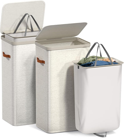 Sorbus Laundry Hamper with Lid - Collapsible 3-Compartment Fabric Laundry Basket with Handles and Removable Laundry Bag – 50 Gallon (190 L) Dirty Clothes Hamper for Bedroom, bathroom and dorm (Beige)