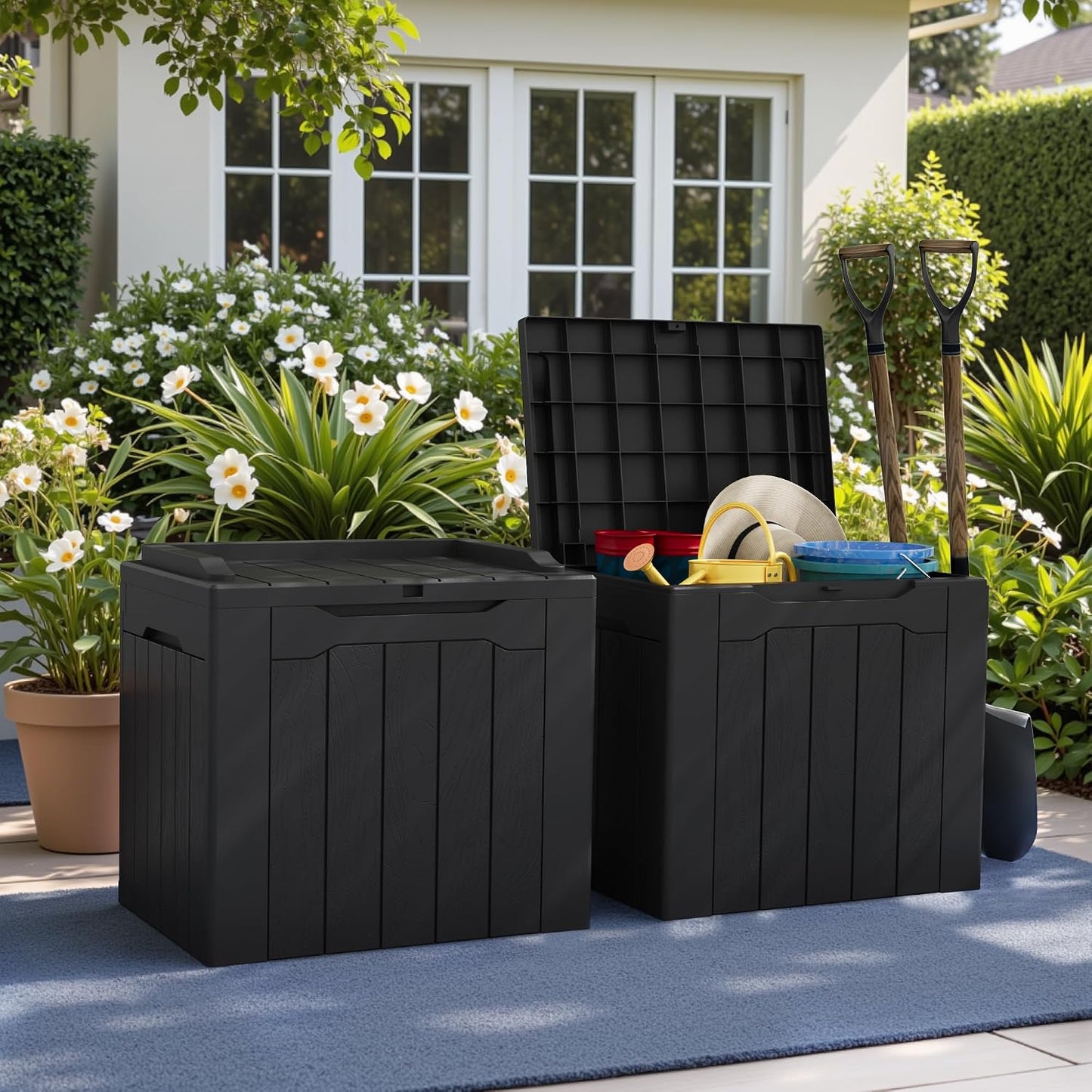 Greesum 31 Gallon Resin Deck Box All Weather Outdoor Storage Boxes for Patio Furniture Set,Outdoor Toys,Garden Tools,Black
