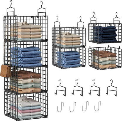 Hanging Closet Organizer, 4 Tier Metal Closet Organizers and Storage with 4 Hanging Hooks 4 S-Hooks for Wardrobe Laundry Room, Wire Storage Shelf for Clothes Sweaters Pants (White)