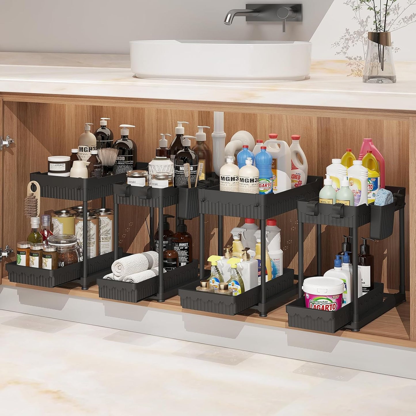 Sevenblue 4-Pack 2-Tier Under Sink Organizer with Pull Out Drawers | Multi-use kitchen & bathroom storage. Includes hanging hooks and cups. Black, space-saving cabinet design.