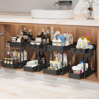 Sevenblue 4-Pack 2-Tier Under Sink Organizer with Pull Out Drawers | Multi-use kitchen & bathroom storage. Includes hanging hooks and cups. Black, space-saving cabinet design.