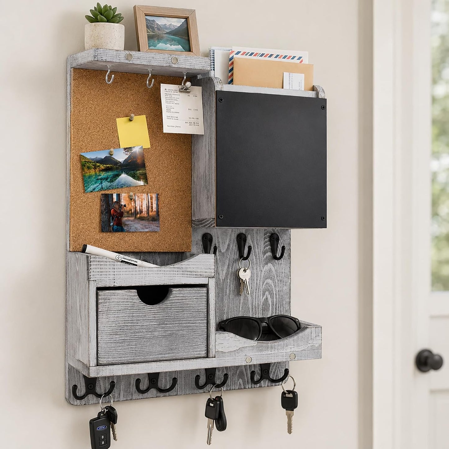 Key Holder for Wall Mount with Shelf and Mail Organizer, Key and Mail Holder with 16 Hooks, Farmhouse Entryway Organizer, Home Decor Rack (Pine Wood, Black)