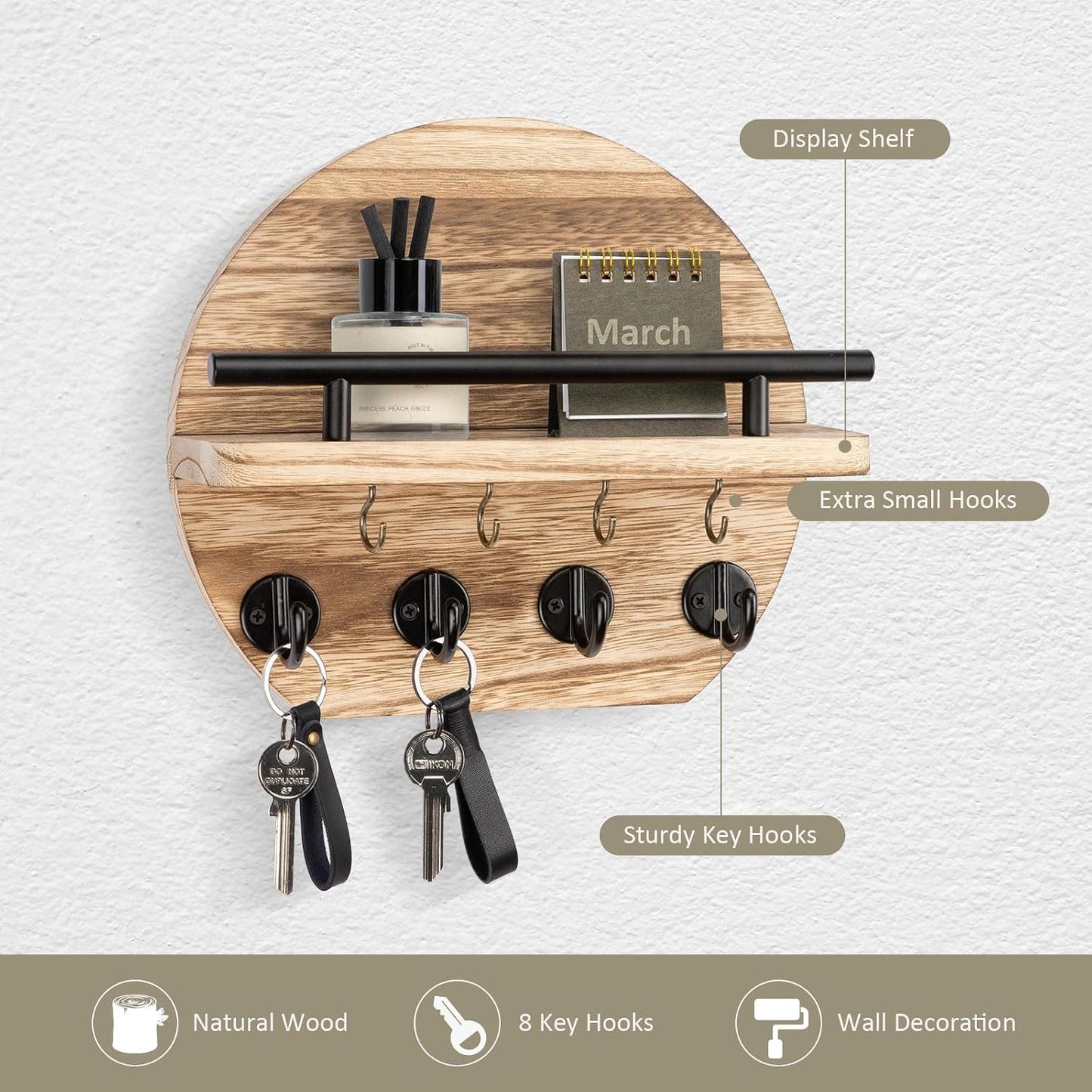 Nekon Key Holder for Wall - 9.8 Inch Apartment Wall Decor with Shelf and 8 Key Hooks, Circular Wood Key Hanger for Home Decor (Black with Golden Hooks)