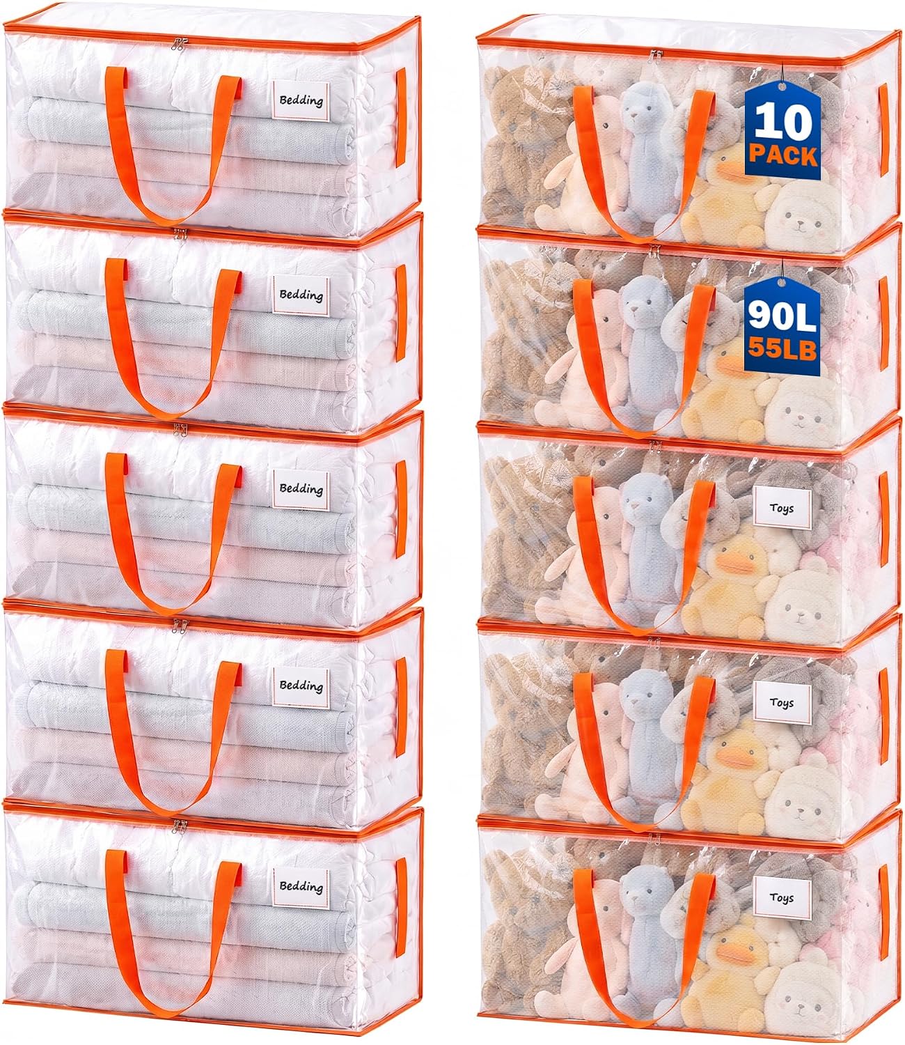 KYODOLED 10-Pack Clear Moving Bags Heavy Duty Extra Large, Storage Totes with Reinforced Handles, Zippers & Label Pocket, Transparent Packing Containers for College Dorm, Clothes, Bedding, Toys