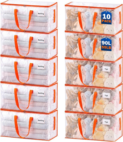 KYODOLED 10-Pack Clear Moving Bags Heavy Duty Extra Large, Storage Totes with Reinforced Handles, Zippers & Label Pocket, Transparent Packing Containers for College Dorm, Clothes, Bedding, Toys