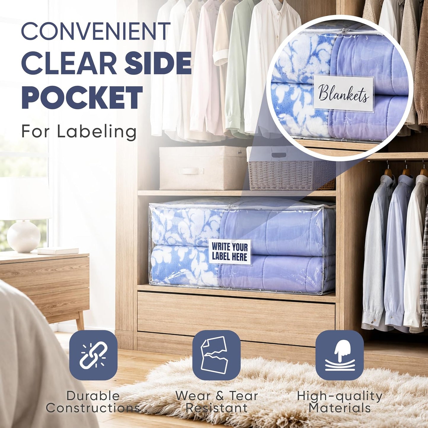 Masirs Clear Blanket Storage Bag (2-Pack) - Vinyl Clothing Organizers with Zipper & Label Pocket - Protects from Dust, Moisture & Dirt - Ideal for Underbed Storage Sheets, Comforters & Bedding