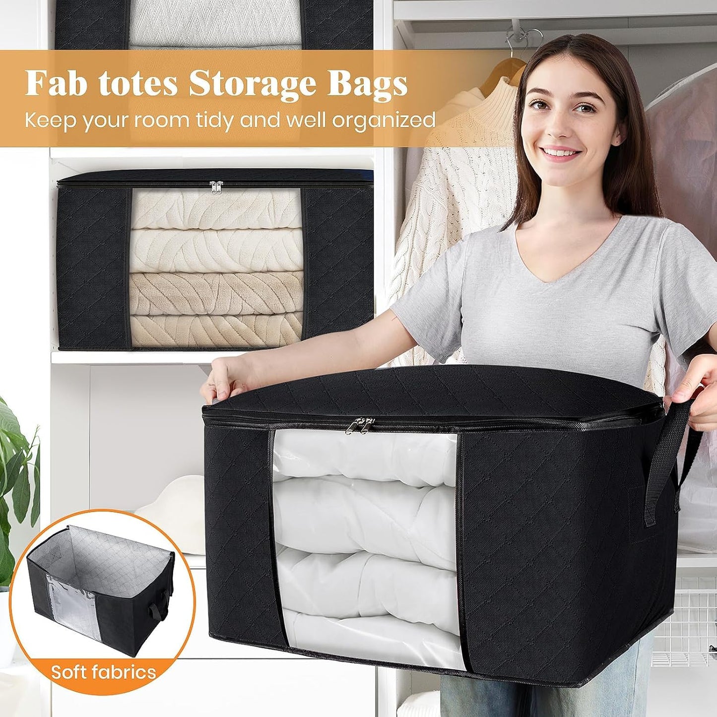 Fab totes 6 Pack Storage Bags for Clothes and Blanket, Foldable Closet Organizers and Storage with Zippers, Clear Window and Handles, Fabric Storage Bins for Sweater, Comforter, Bedding,Linen Sheets