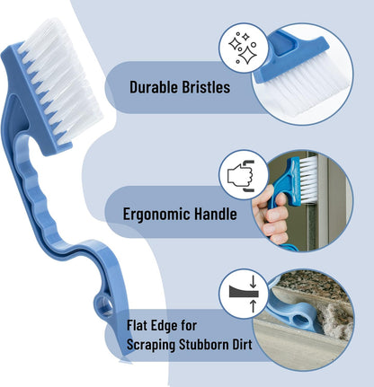 Slick- Window Track Cleaning Brush, 2 Pack, Blue Ergonomic Handle | Built-in Scraper, Multipurpose Window Track Cleaning Tool for Sliding Doors, Windows, Corners, Dust, Dirt & Narrow Gaps