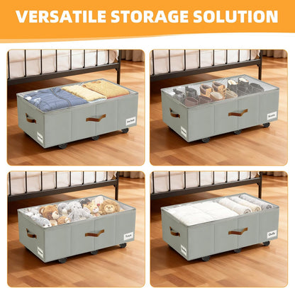 Under Bed Storage with Wheels,Underbed Storage with Sturdy Sidewalls/Bottom, Clear Cover, Label and PU Handle, Rolling Under Bed Drawers for Clothes, Shoes, 6.5 Inch Height,Black, 2 Pack