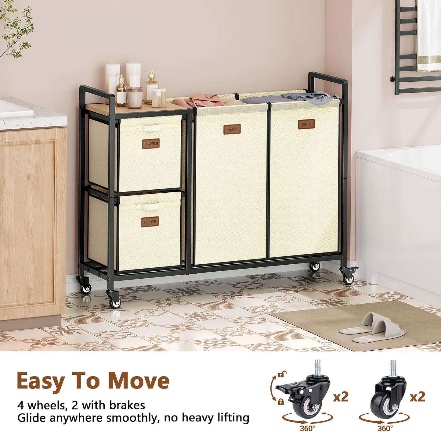 Hoctieon 4 Section Laundry Cart, 48 Gal. (182L) Laundry Hamper with Lid, Laundry Basket with Wheels, Rolling Laundry Sorter Organizer with Shelf, Clothes Separator with Removable Bags, Black