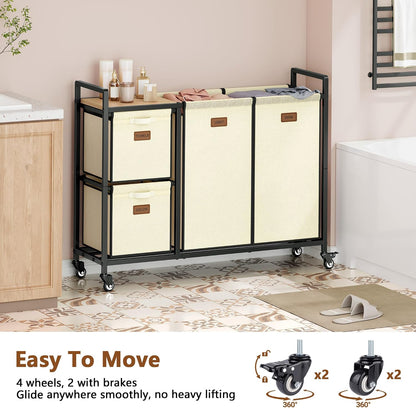 Hoctieon 4 Section Laundry Cart, 48 Gal. (182L) Laundry Hamper with Lid, Laundry Basket with Wheels, Rolling Laundry Sorter Organizer with Shelf, Clothes Separator with Removable Bags, Black