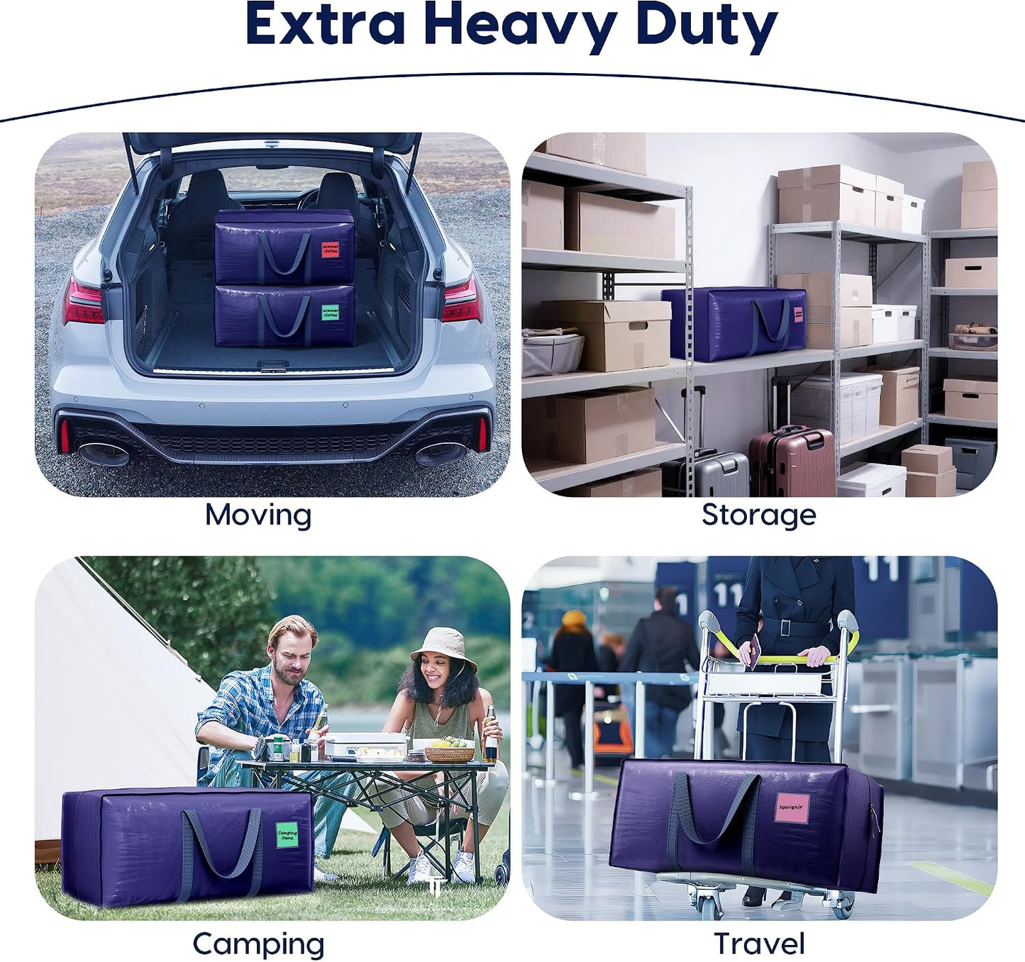 6 Pack Moving Bags Heavy Duty 210GSM with Full-Open Side Zipper, 93L 220lbs Waterproof Foldable Storage Totes for College Dorm Move-In, Moving Boxes Alternative & Home Organization, Blue