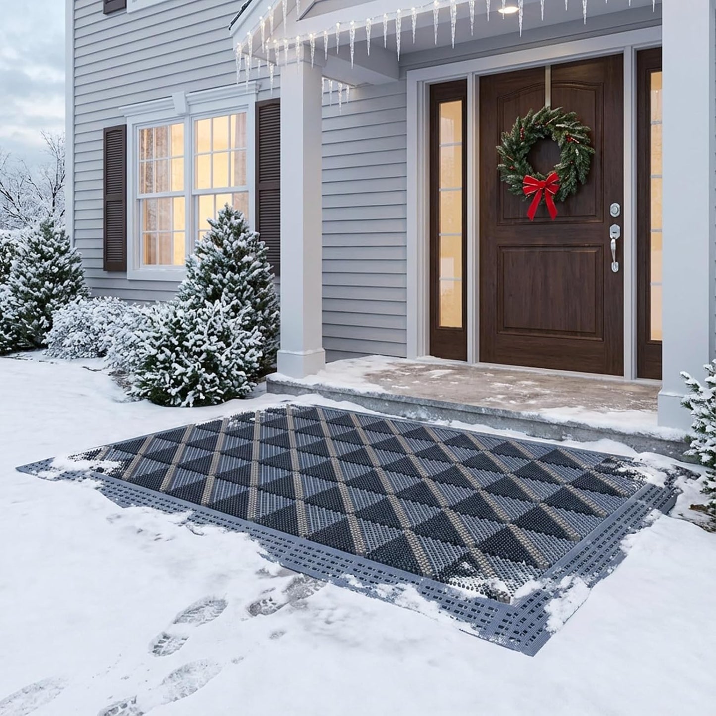Heavy Duty Outdoor Door Mat with Drainage Holes, All-Weather EVA Boot Scraper Mat, Interlocking Floor Tiles, Non-Slip Waterproof Entrance Mat for Front Door Garage Porch(Gray+Gray,75x150cm)