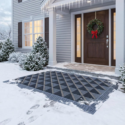 Heavy Duty Outdoor Door Mat with Drainage Holes, All-Weather EVA Boot Scraper Mat, Interlocking Floor Tiles, Non-Slip Waterproof Entrance Mat for Front Door Garage Porch(Gray+Gray,75x150cm)
