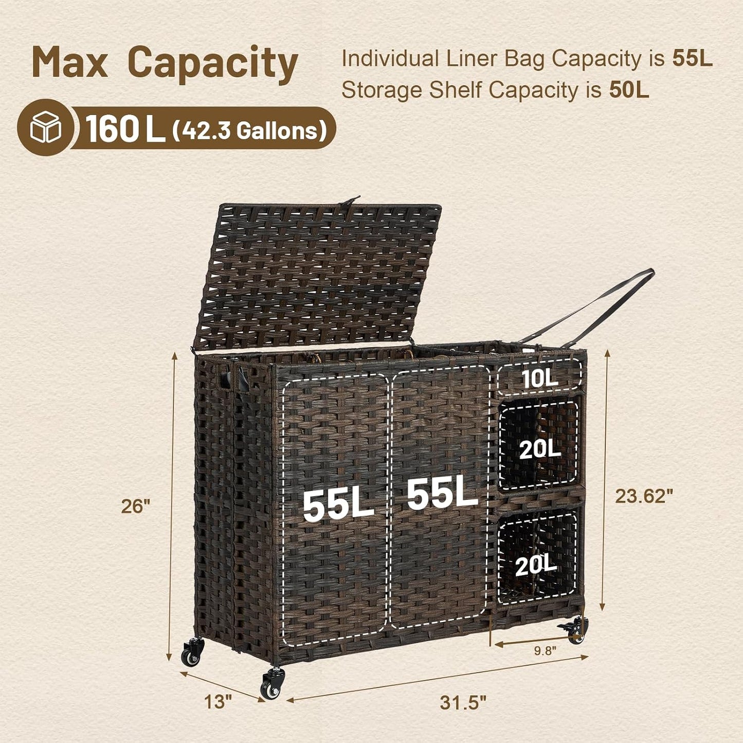 Laundry Hamper with Wheels, 42.3 Gal.(160 L) Laundry Sorter with Shelves, Rattan Clothes Hamper with 4 Removable Liners & 3 Mesh Bags, Handwoven Organizer for bedroom, bathroom, laundry room, Natural