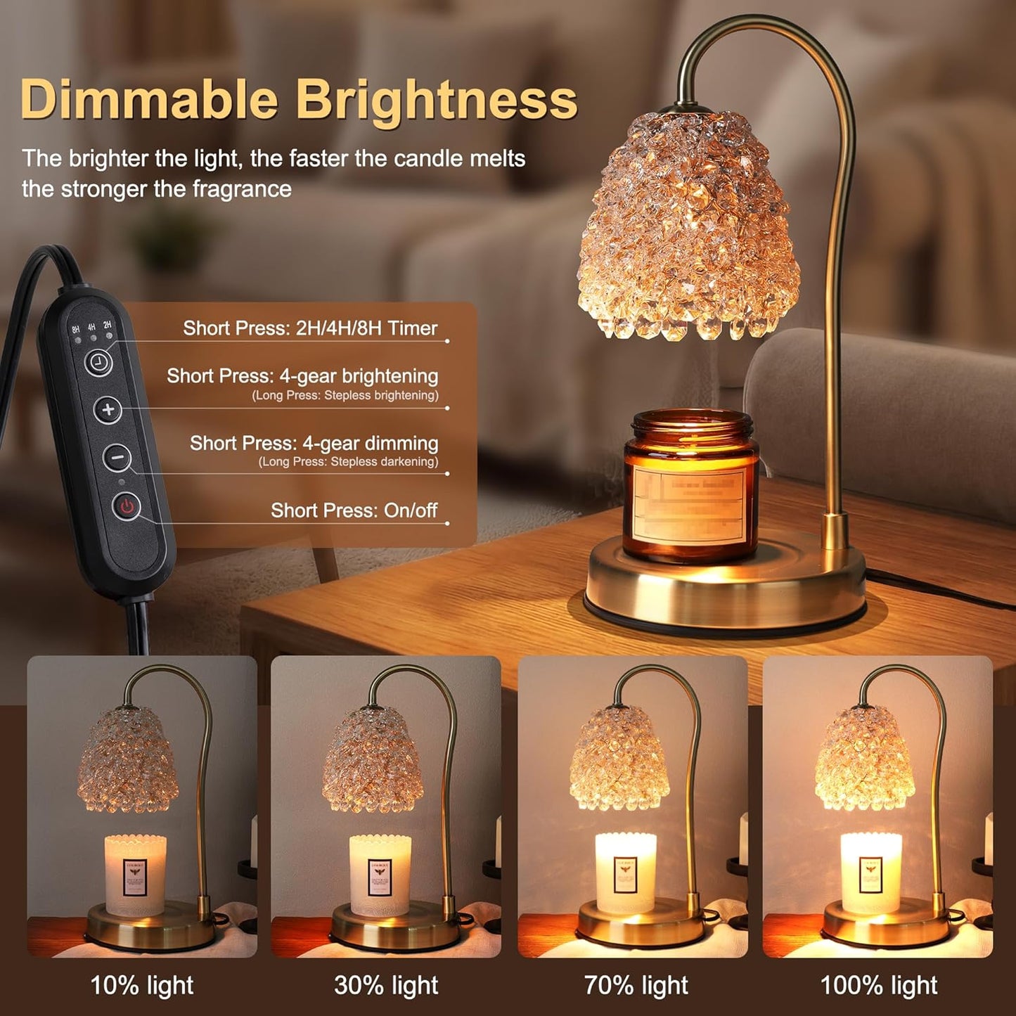 Candle Warmer Lamp with Timer Dimmer, Crystal Candle Lamp Birthday Gifts for Women, Mom, House Warming Gifts Wax Melt Warmer for Jar Candles with 2 Bulbs, Gold