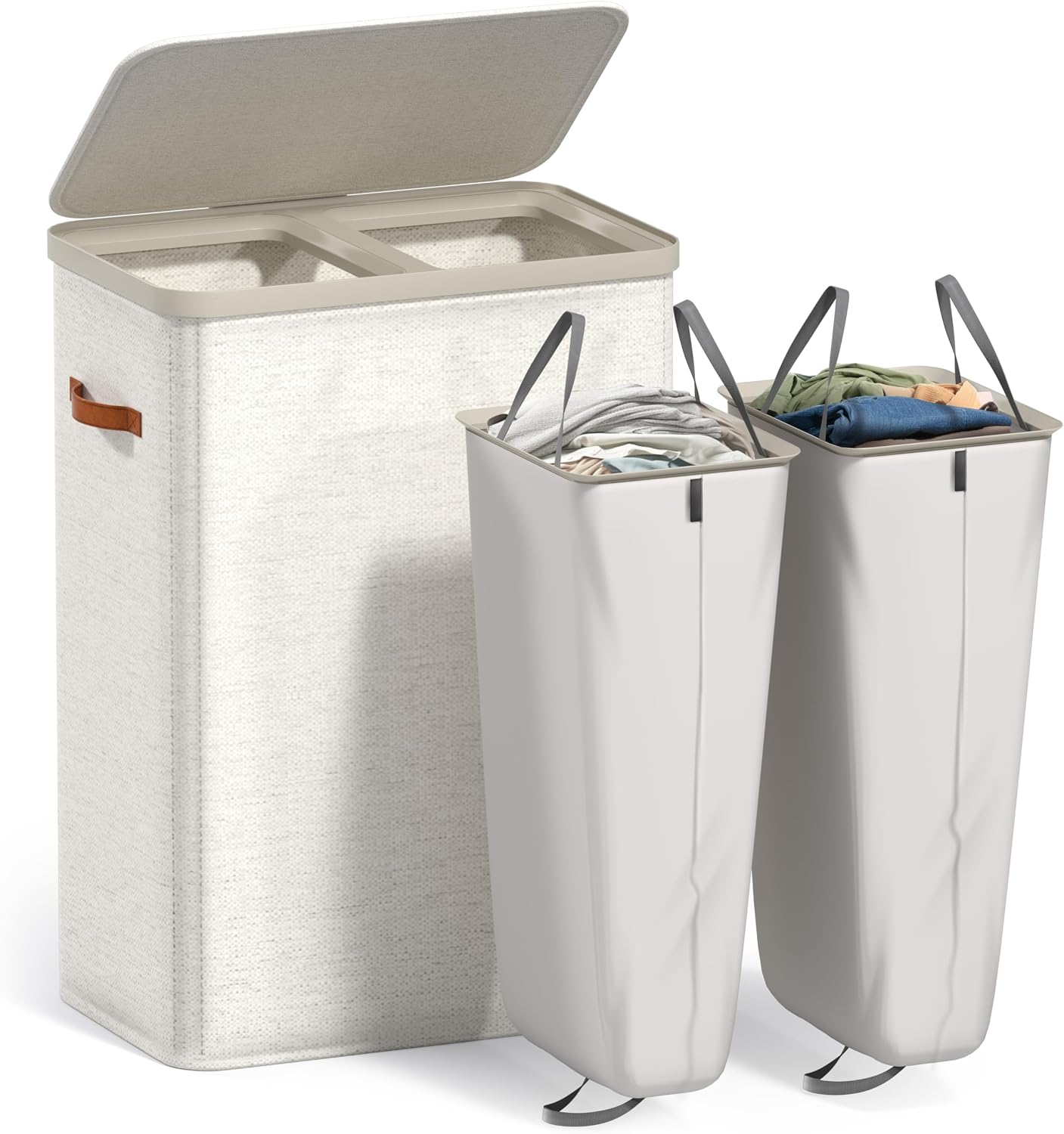 Sorbus Laundry Hamper with Lid - Collapsible 3-Compartment Fabric Laundry Basket with Handles and Removable Laundry Bag – 50 Gallon (190 L) Dirty Clothes Hamper for Bedroom, bathroom and dorm (Beige)