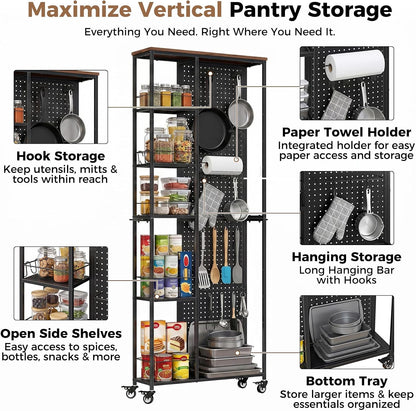 Slim Rolling Storage Cart, 8.3 Inch Narrow Storage Cart with Wheels, Pegboard & 5 Tier Shelves, Mobile Slim Storage Rack Next to Fridge for Kitchen, Laundry, White