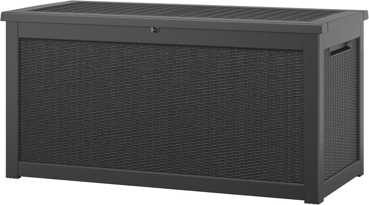 NUNU LAB Outdoor Storage Box, 45 Gallon Outside Deck Box Waterproof, Resin Outdoor Storage Cabinet With Lockable Lid, Backyard Storage Bench For Garden Tools, Patio Cushions, Pool Tools, Black