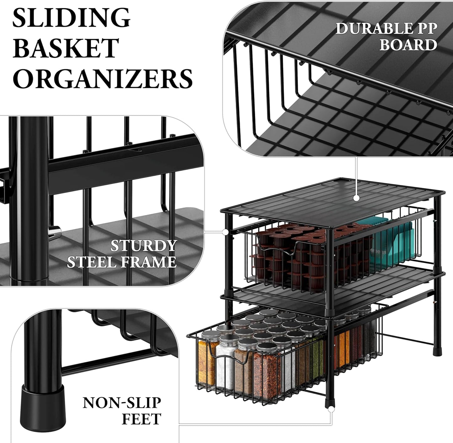 Simple Houseware Stackable 2 Tier Sliding Basket Organizer Drawer, Chrome