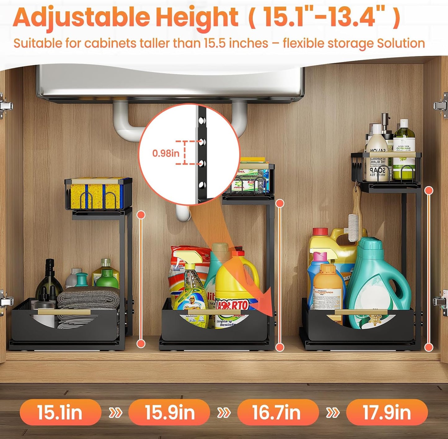 Under Sink Organizer and Storage for Bathroom and Kitchen - 2 Pack 3 Tier Under Cabinet Pull Out Shelf Organizers - Slide Out Drawer Organization for Home Cabinets Shelves and Drawers