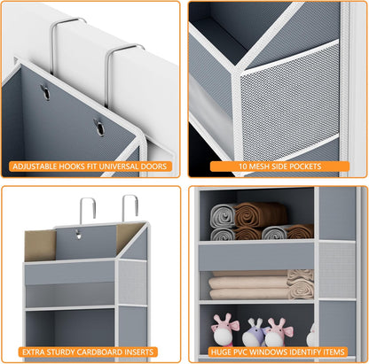 Over The Door Organizer - Over Door Storage Organizer with 5 Large Pockets & 10 Mesh Side Compartments - Heavy-Duty Hanging Storage for Bathroom, Bedroom & Closet - Baby Room Organize - Grey