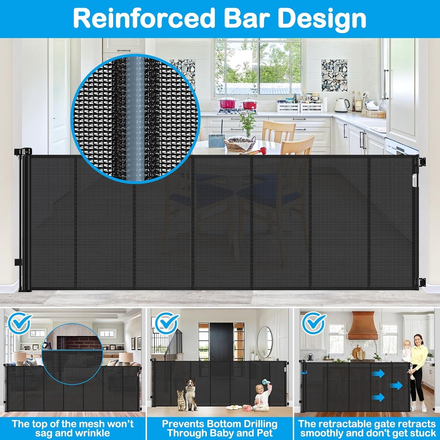 42 Inch Extra Tall Retractable Baby Gates with Reinforced Strips 55 Inch Wide Outdoor Retractable Dog Gate No Sag Extra Tall Baby Gate for Doorway Anti-Scratch Mesh Gates for Kids or Pets, White