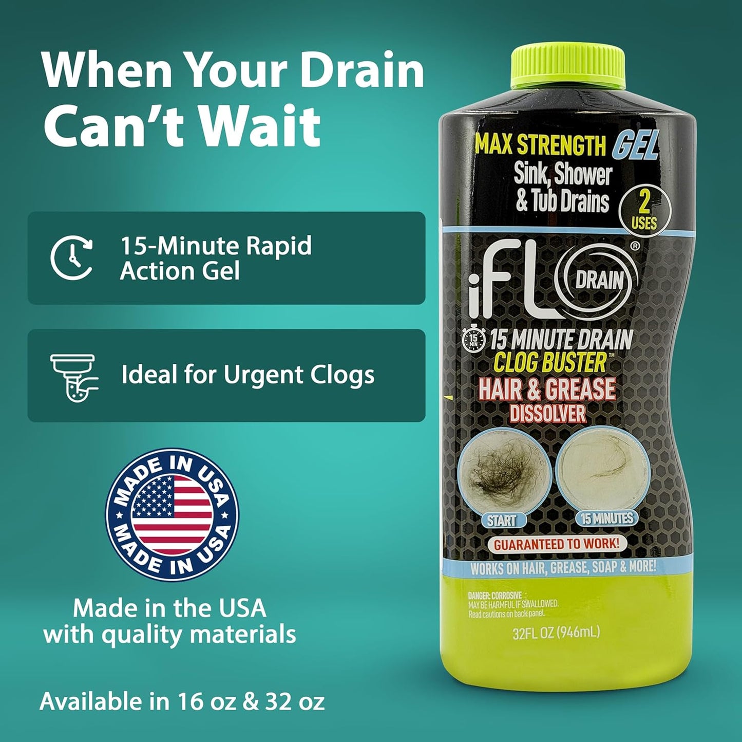 iFLO 15-Minute Drain Cleaner Gel – Fast-Acting Clog Remover for Kitchen, Bathroom, Sink & Shower, Ultra-Thick Formula for Quick Drain Unclogging – Strong Maintenance Cleaner - 16oz